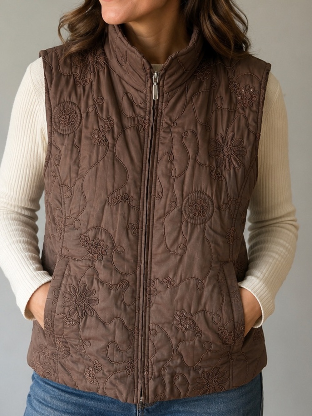 DKR & Co Signature Brown Embroidered Quilted Puffer Vest Women’s 1X